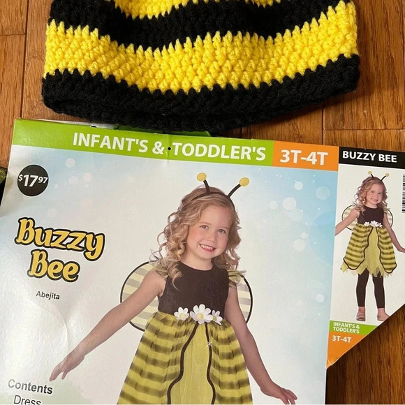 Halloween BEE Dress Costume Toddler Yellow Black Floral Striped Hat Beanie T3/T4 - Picture 14 of 16